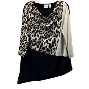 Chicos Women's Top Size Medium Leopard Color Block Black Ivory Asymmetrical‎ Hem